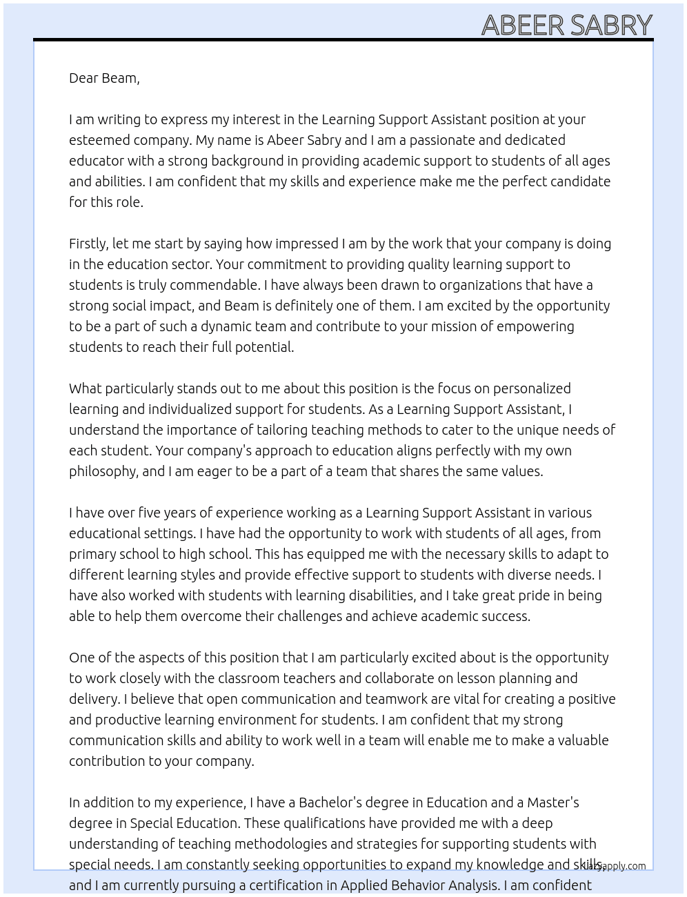 Learning Support Assistant At Beam Cover Letter
