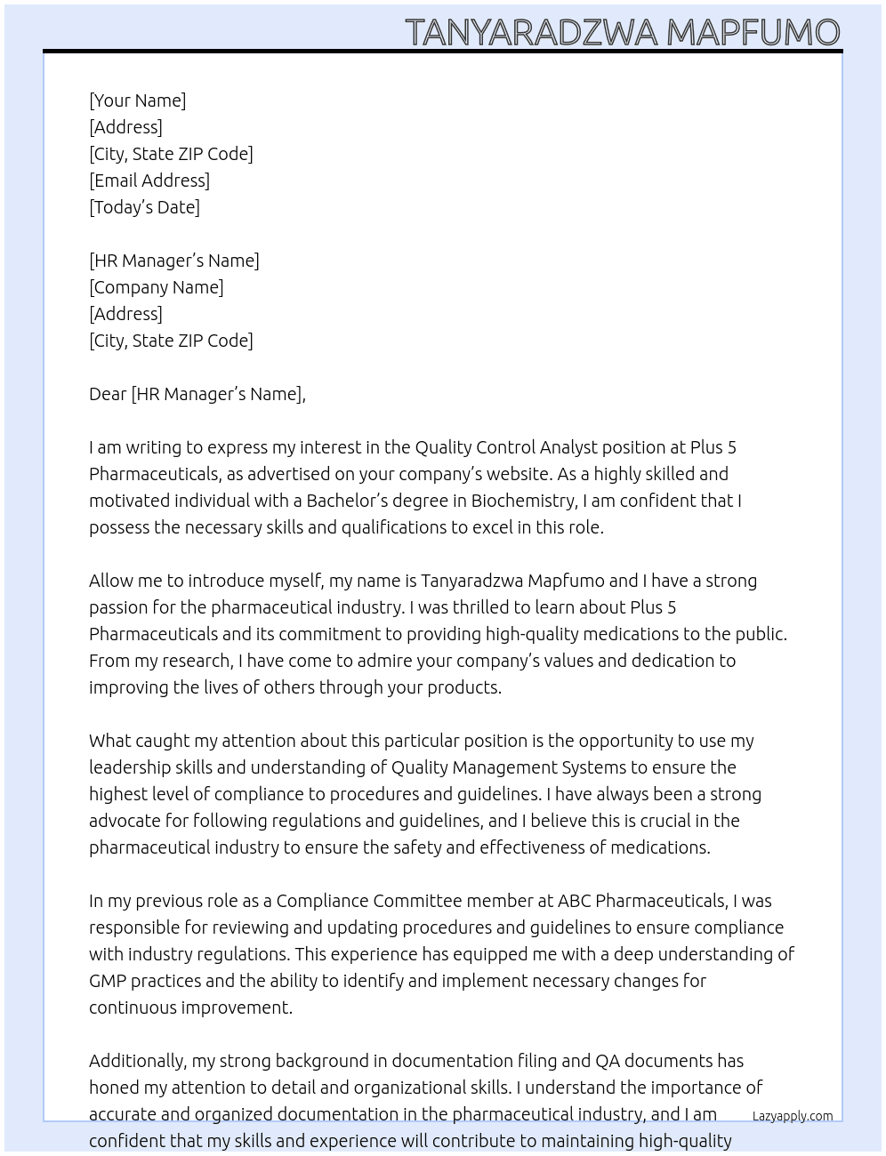 quality control analyst At plus 5 Pharmaceuticals  Cover Letter