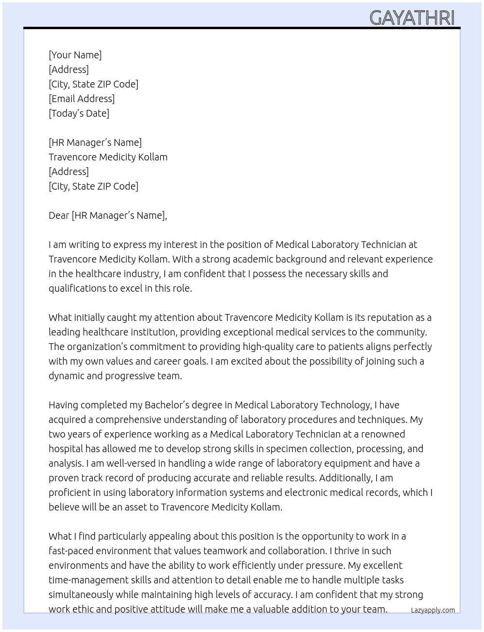 Medical laboratory technician  At Travencore medicity Kollam Cover Letter