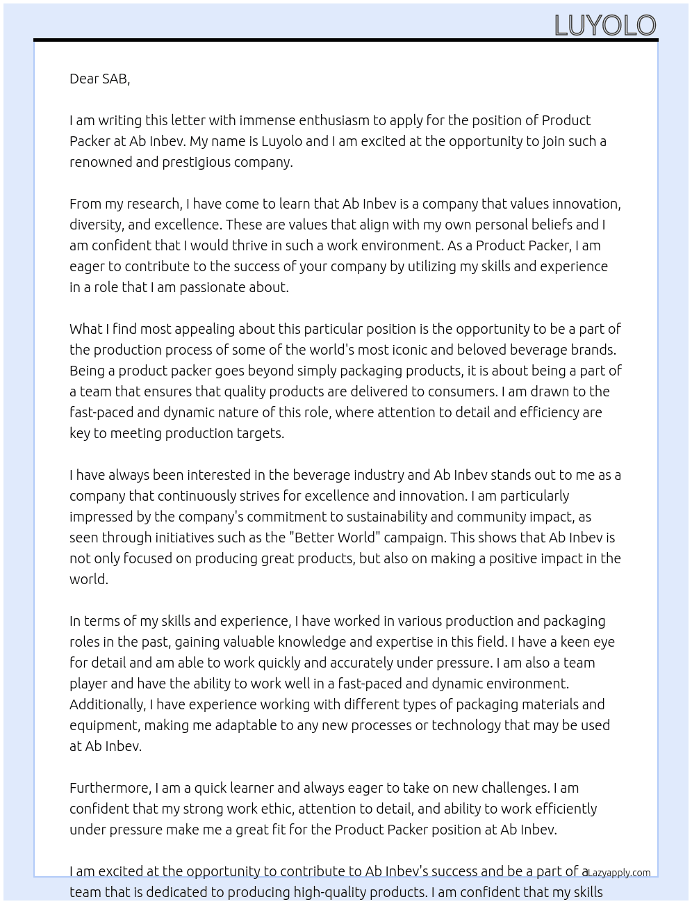 Product packer At Ab Inbev Cover Letter