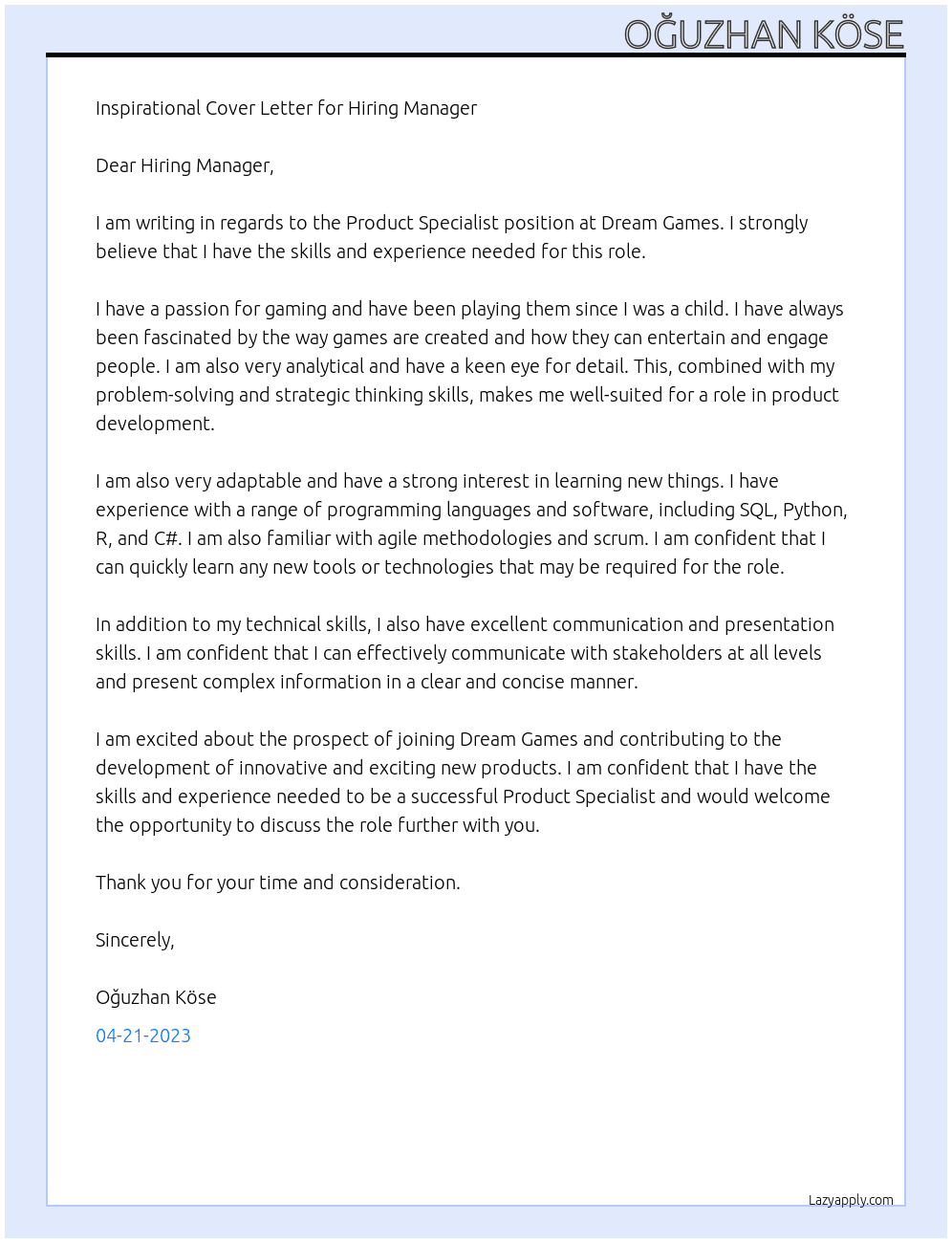 Product Specialist At Dream Games Cover Letter