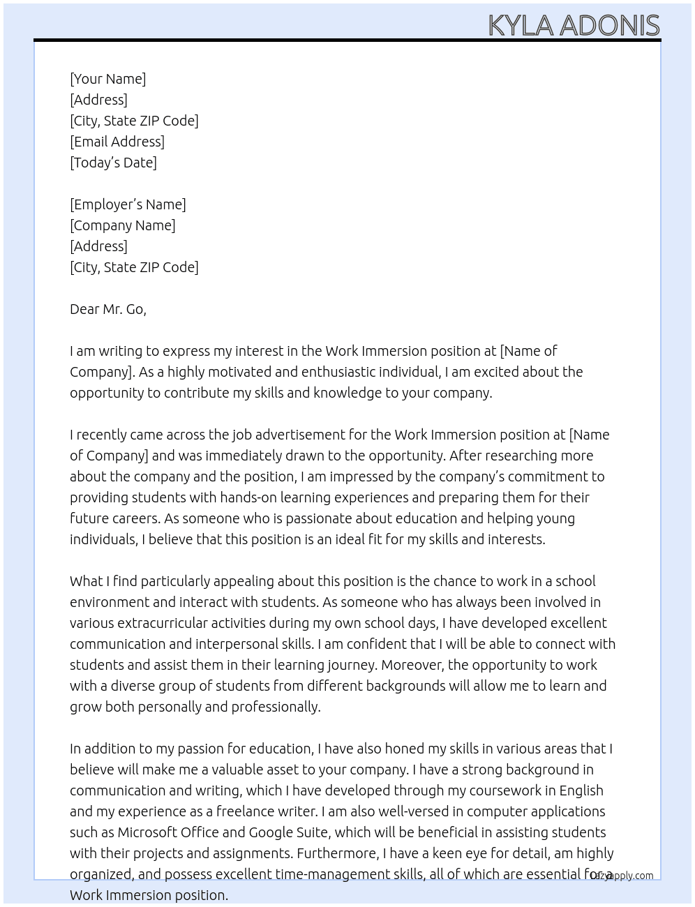 Work Immersion  At in school Cover Letter