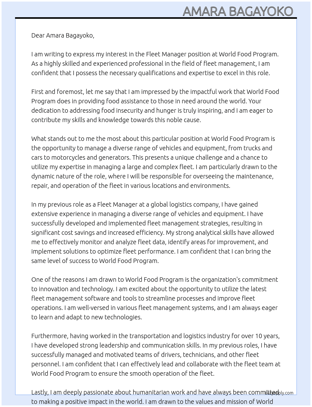 Fleet manager  At World Food Program Cover Letter