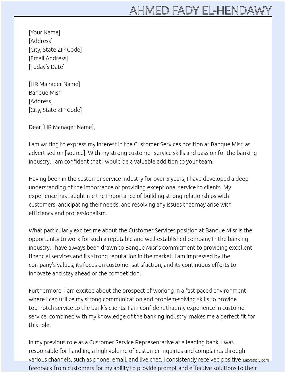 customer services At Banque Misr Cover Letter