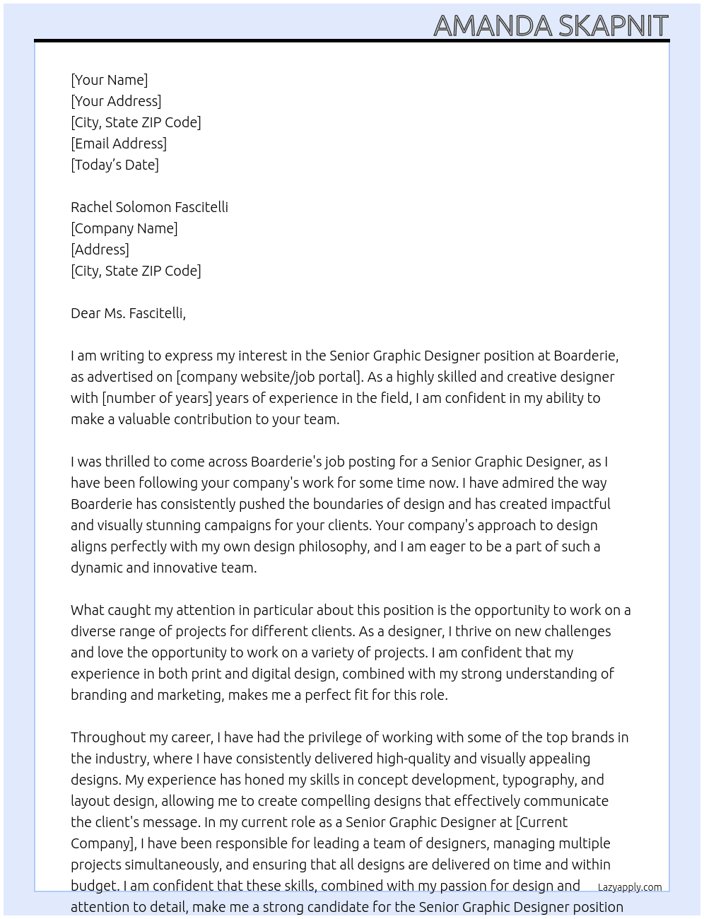 Senior Graphic Designer At  Boarderie Cover Letter