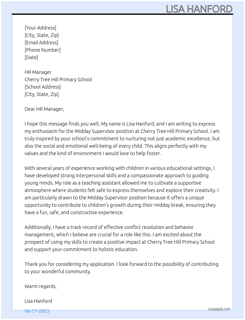 Cover letter for midday supervisor - LazyApply
