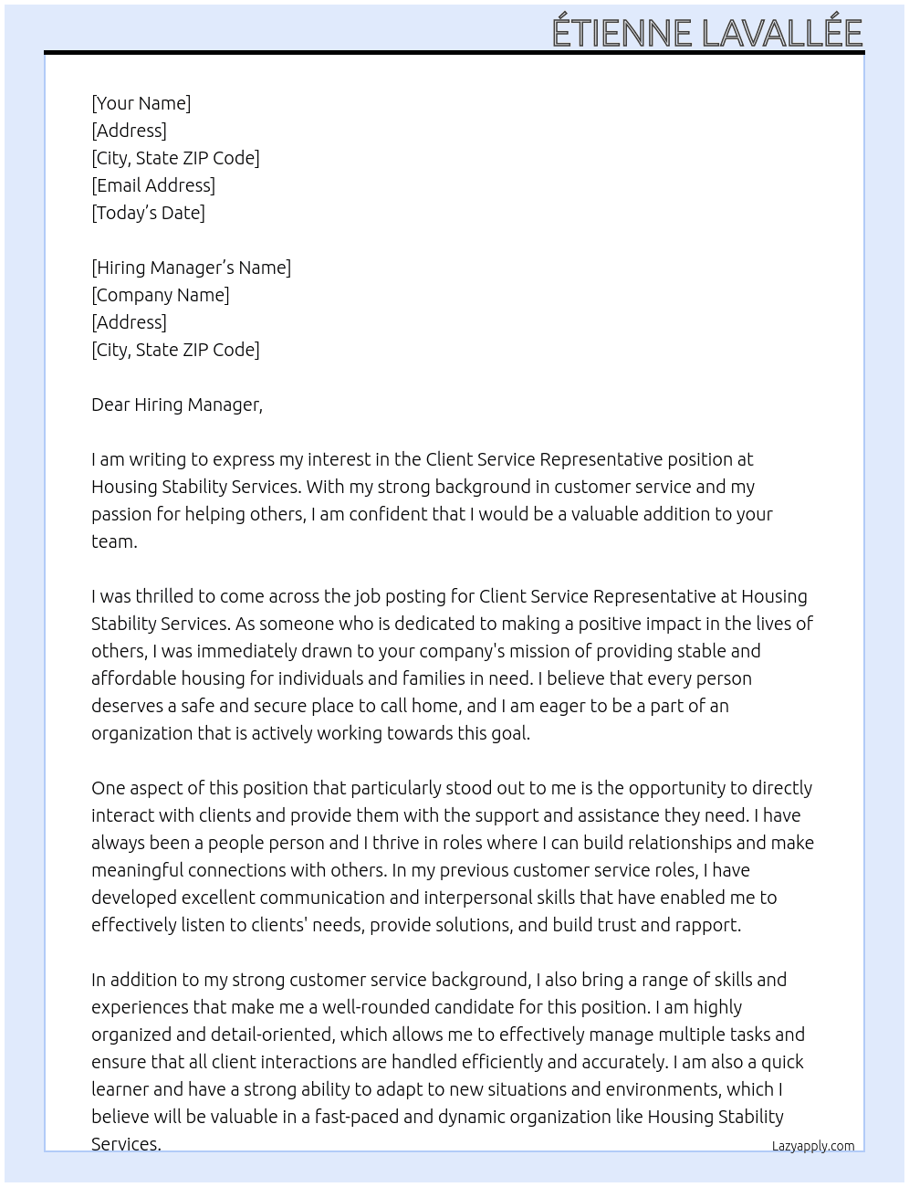Client Service Representative At Housing Stability Services Cover Letter