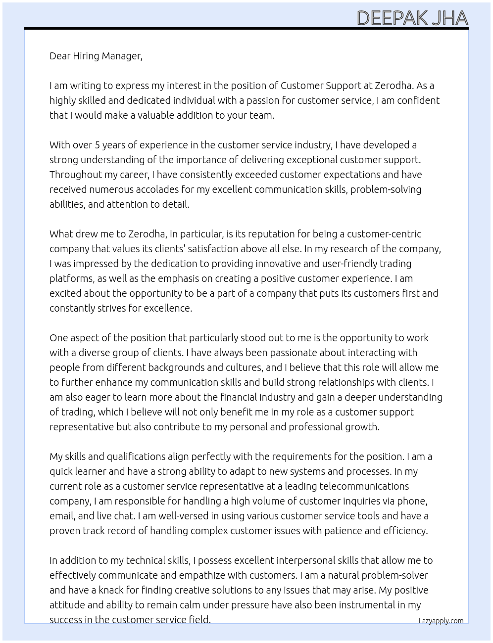 Customer Support At Zerodha Cover Letter