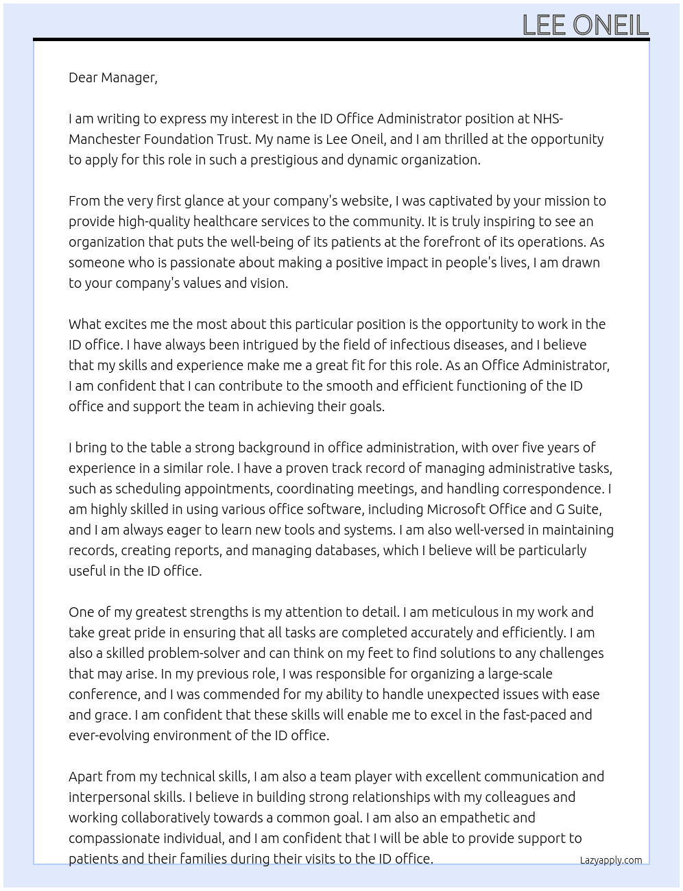 ID Office Adminstrator At NHS- Manchester Foundation Trust Cover Letter