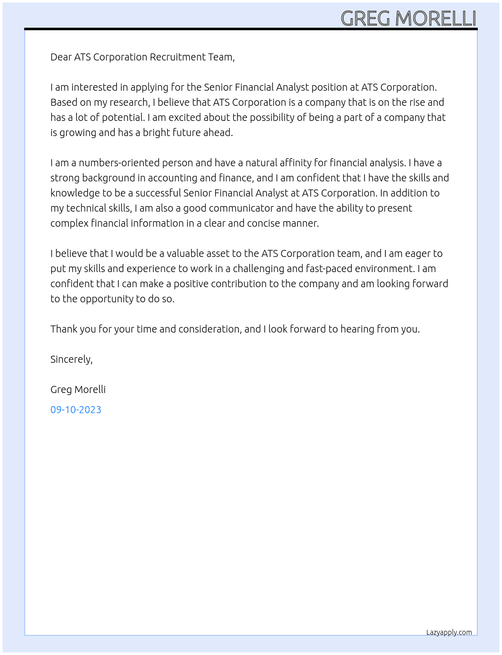 Senior Financial Analyst At ATS Corporation Cover Letter