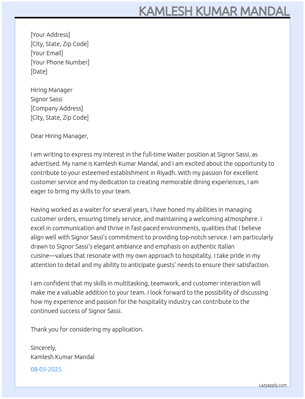 Waiter  At Signor sassi  Cover Letter