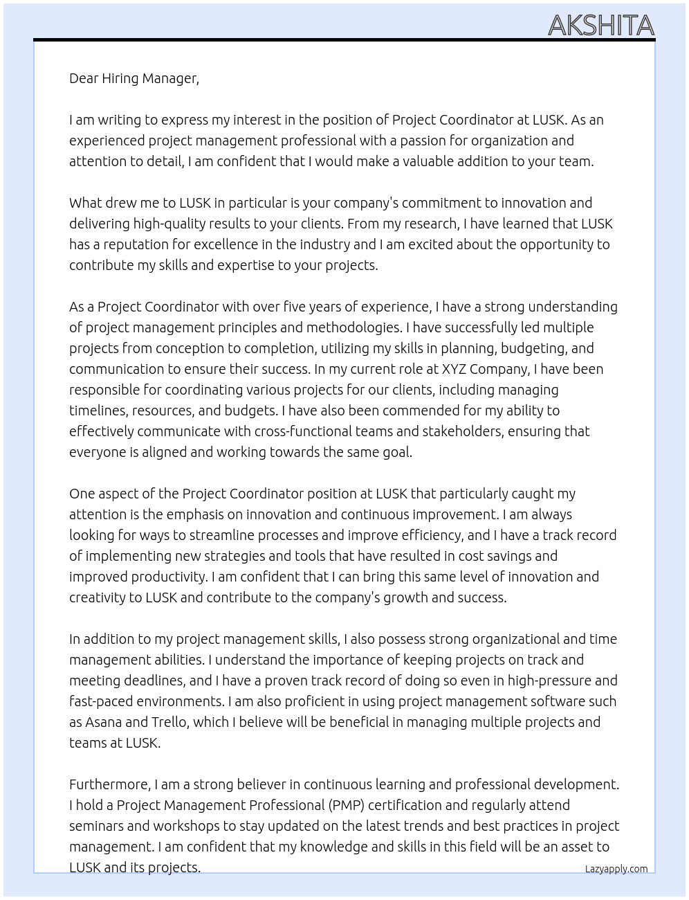 Project Cordinator At LUSK Cover Letter