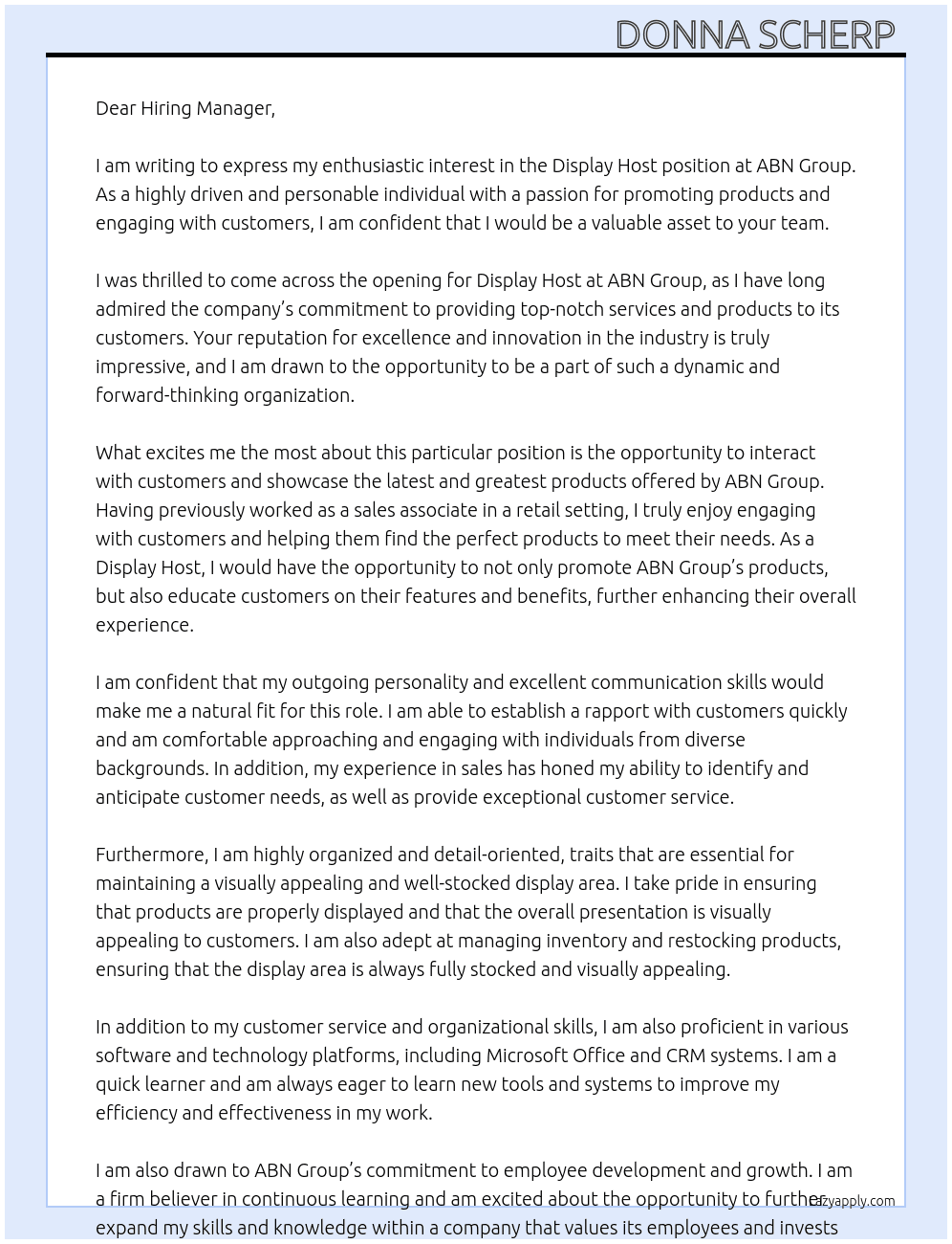 Display Host  At ABN Group  Cover Letter