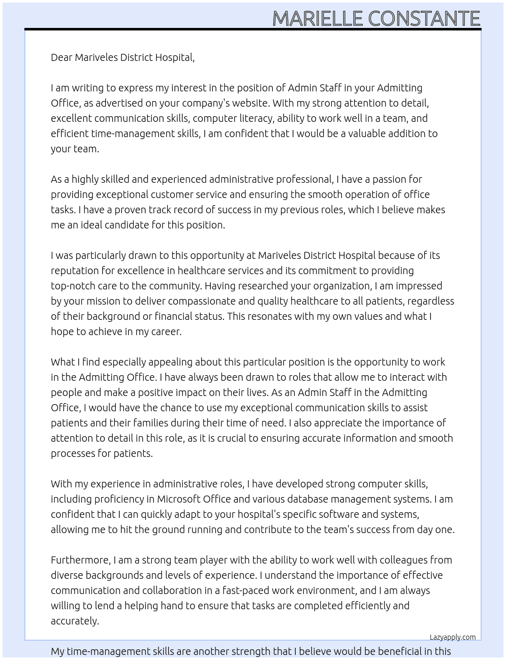 Admin staff (Admitting Office) At Mariveles District Hospital Cover Letter