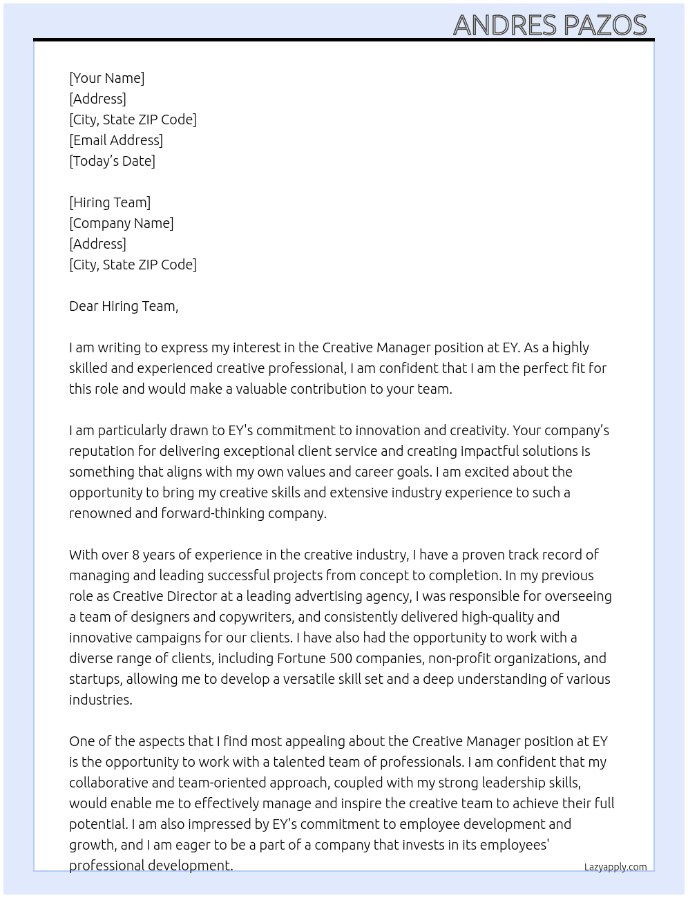 Creative Manager At EY Cover Letter