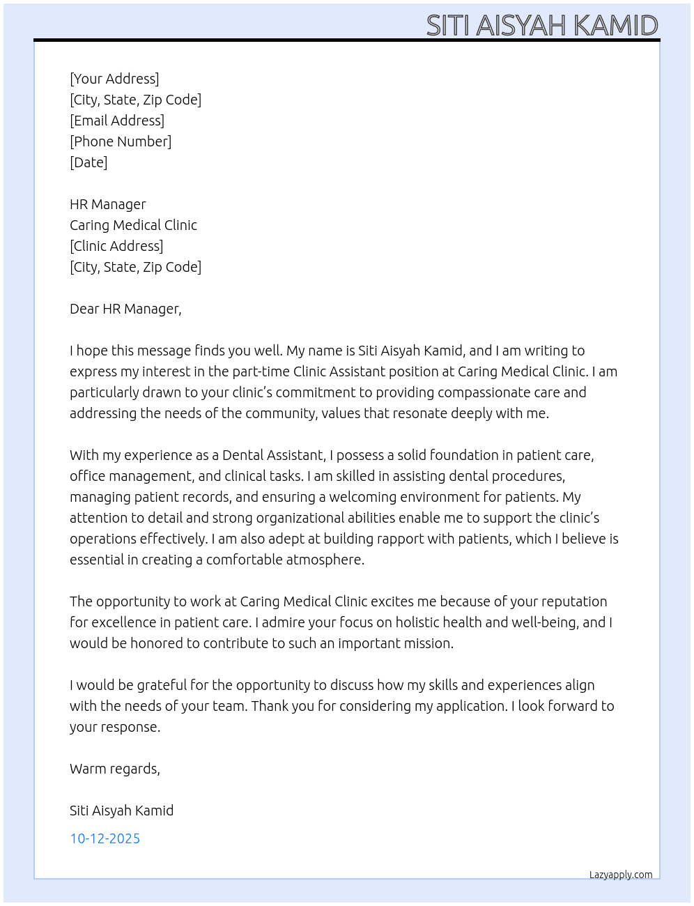 Clinic assistant At CARING MEDICAL CLINIC Cover Letter