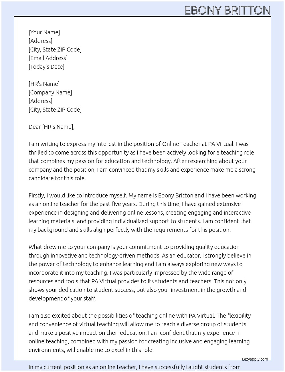 online teacher At PA Virtual  Cover Letter