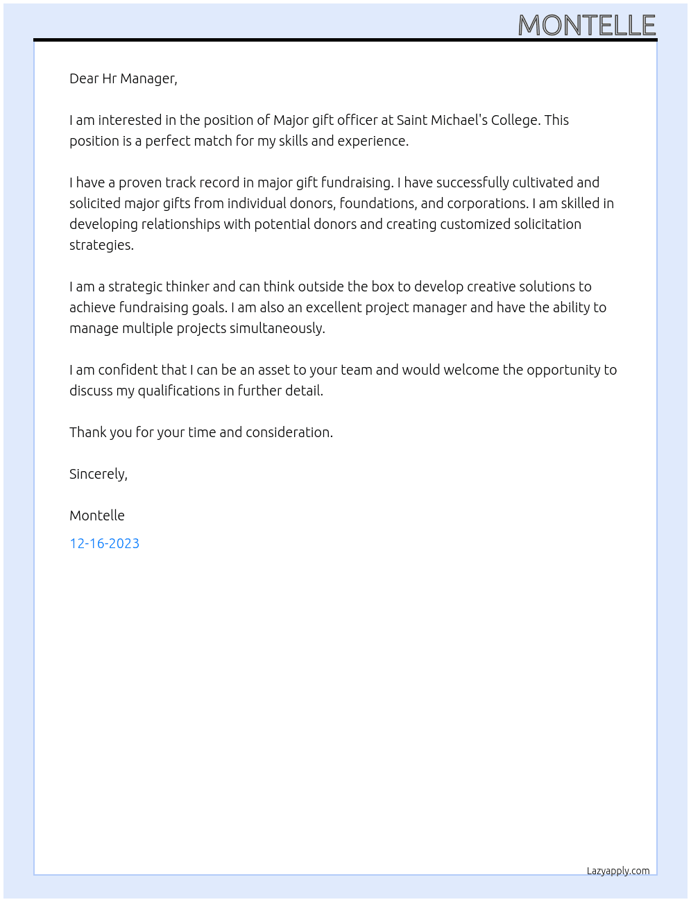 Cover letter for major gift officer - LazyApply
