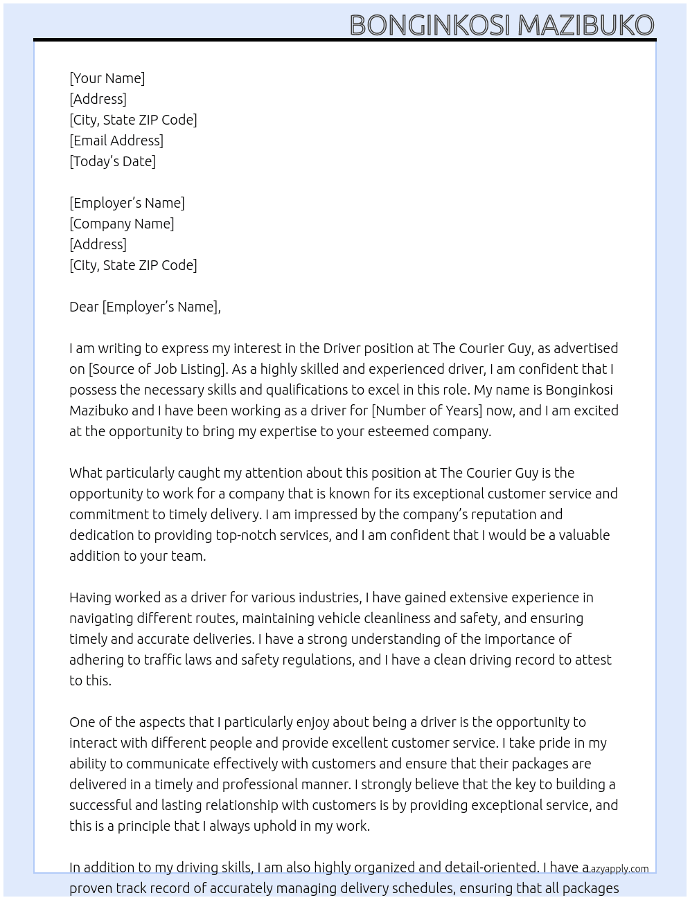 Driver At The Courier Guy Cover Letter