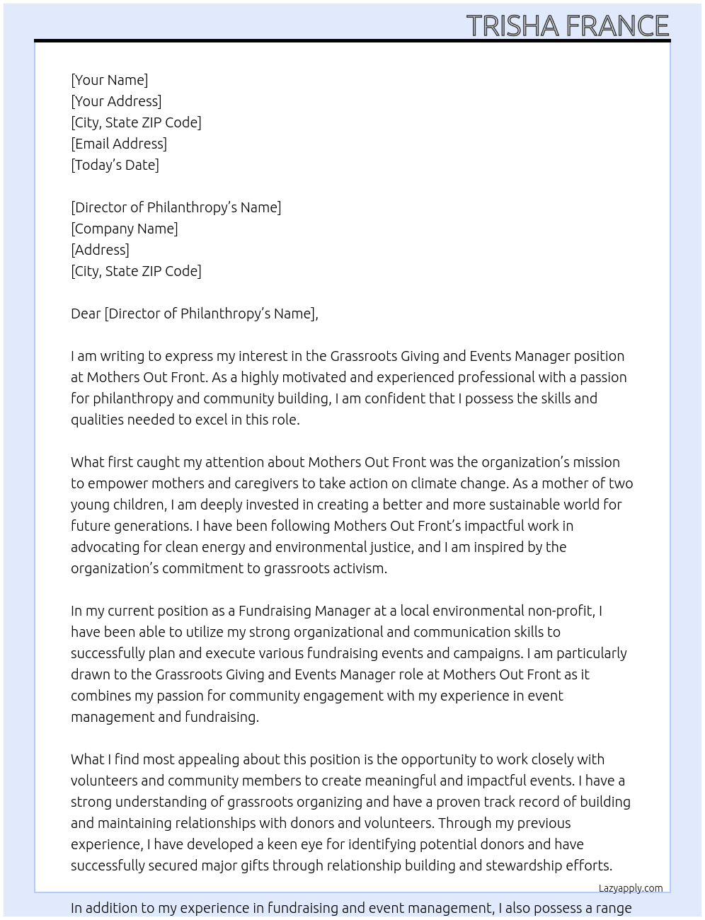 Cover letter for grassroots giving and events manager - LazyApply