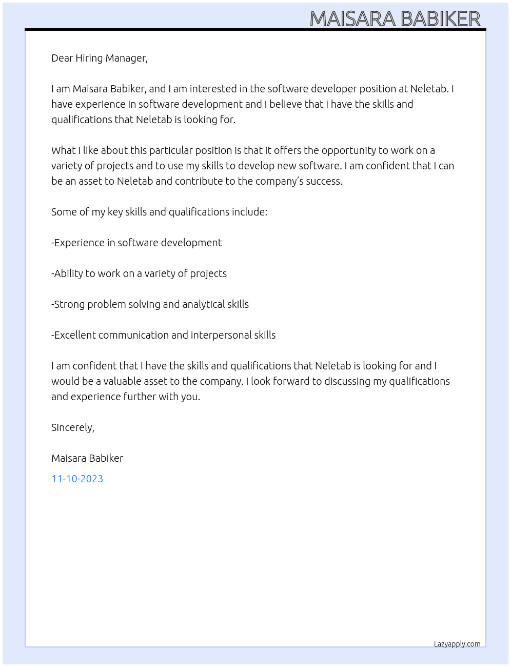 Software developer At Neletab Cover Letter