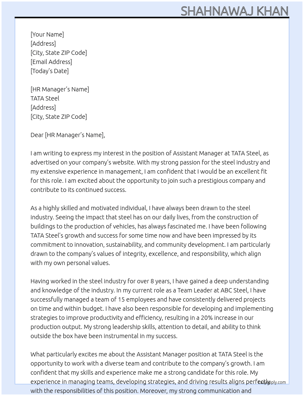 Assistant manager  At TATA steel  Cover Letter