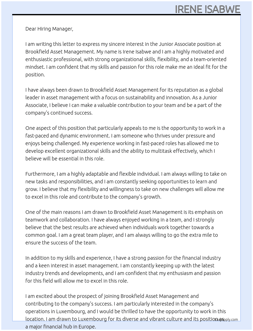 Junior Associate  At Brookfield Asset Management  Cover Letter