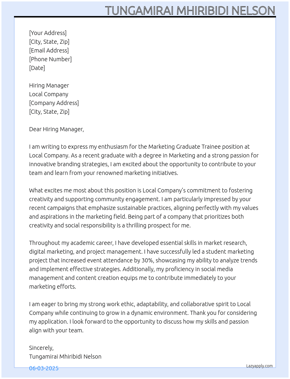 Cover letter for marketing graduate trainee - LazyApply