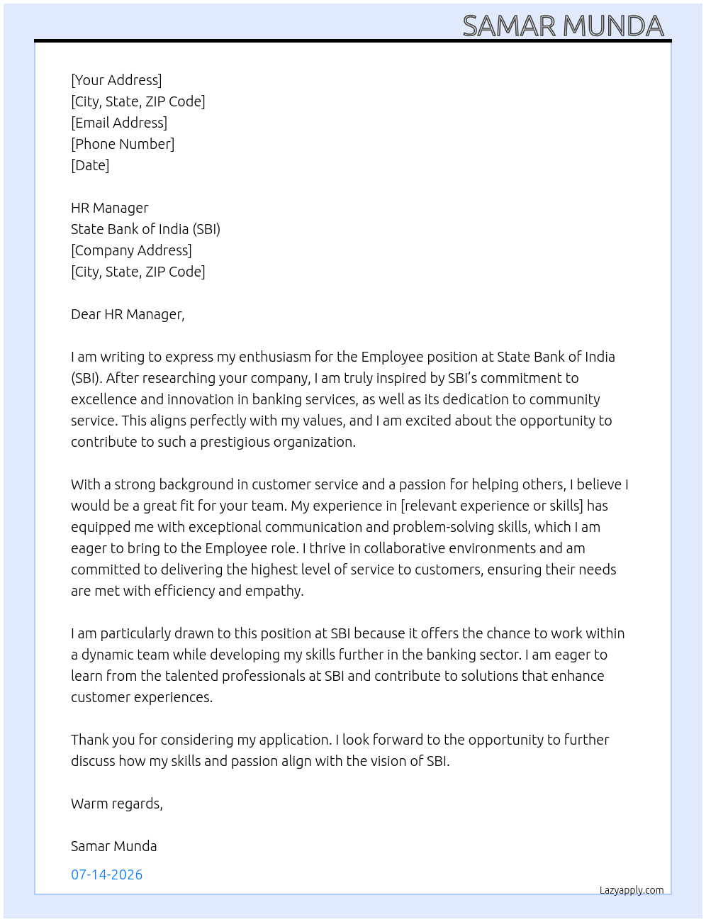 Cover letter for employee - LazyApply