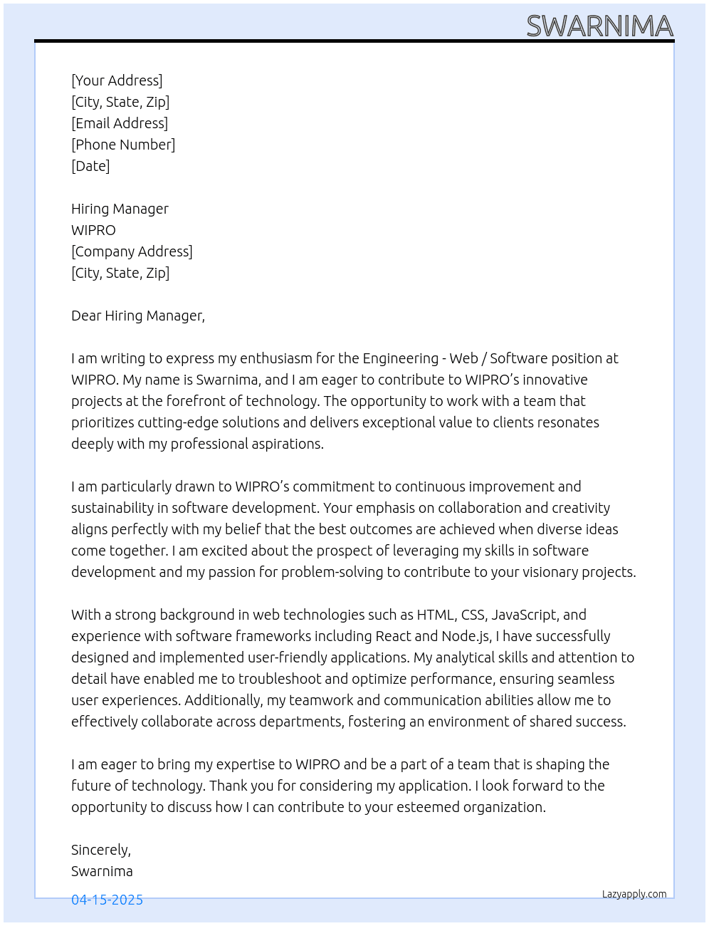 Cover letter for engineering - web / software - LazyApply
