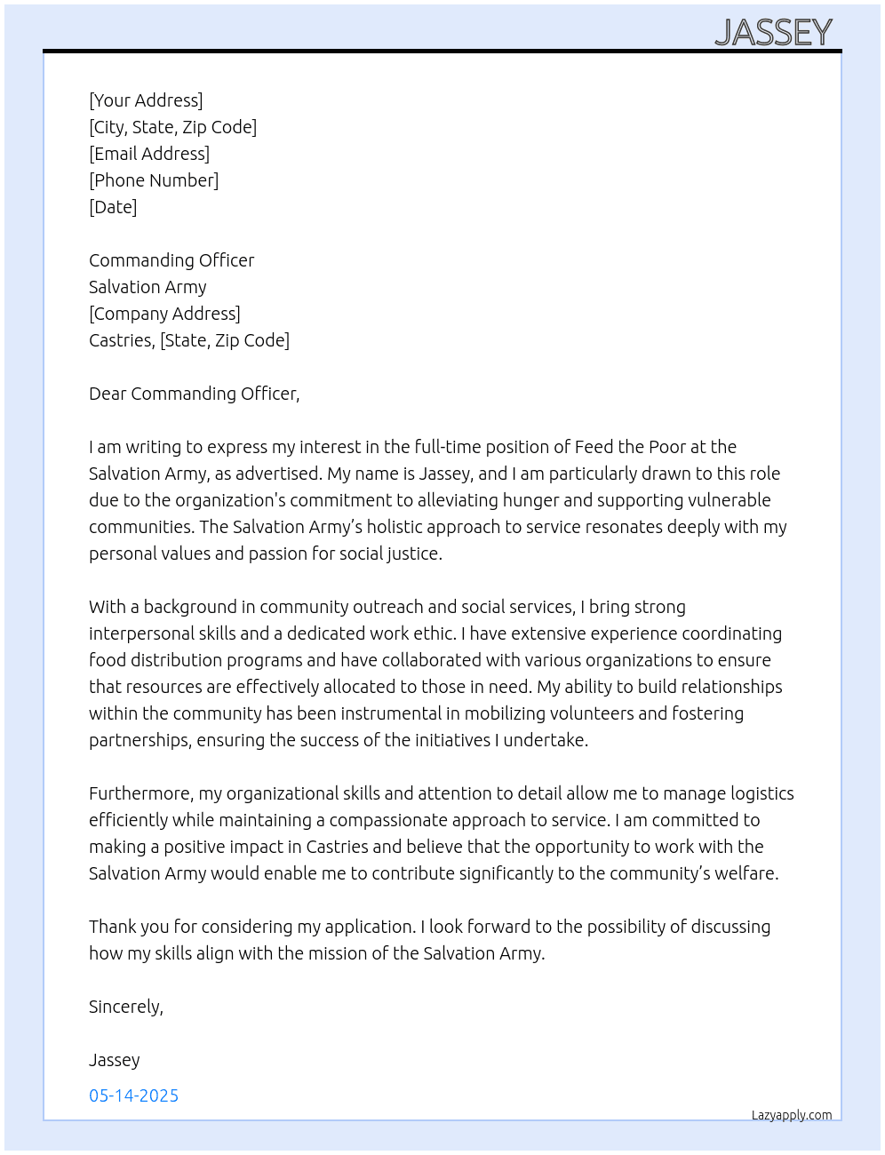 Feed the poor  At Salvation Army Cover Letter