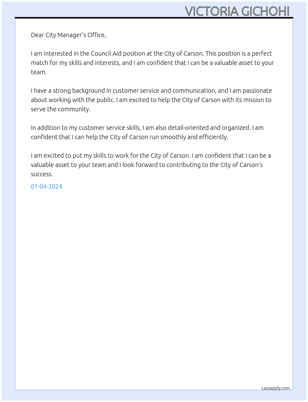 Council Aid  At City of Carson Cover Letter
