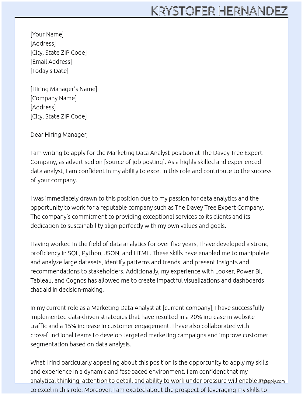 Marketing Data Analyst At The Davey Tree Expert Company Cover Letter