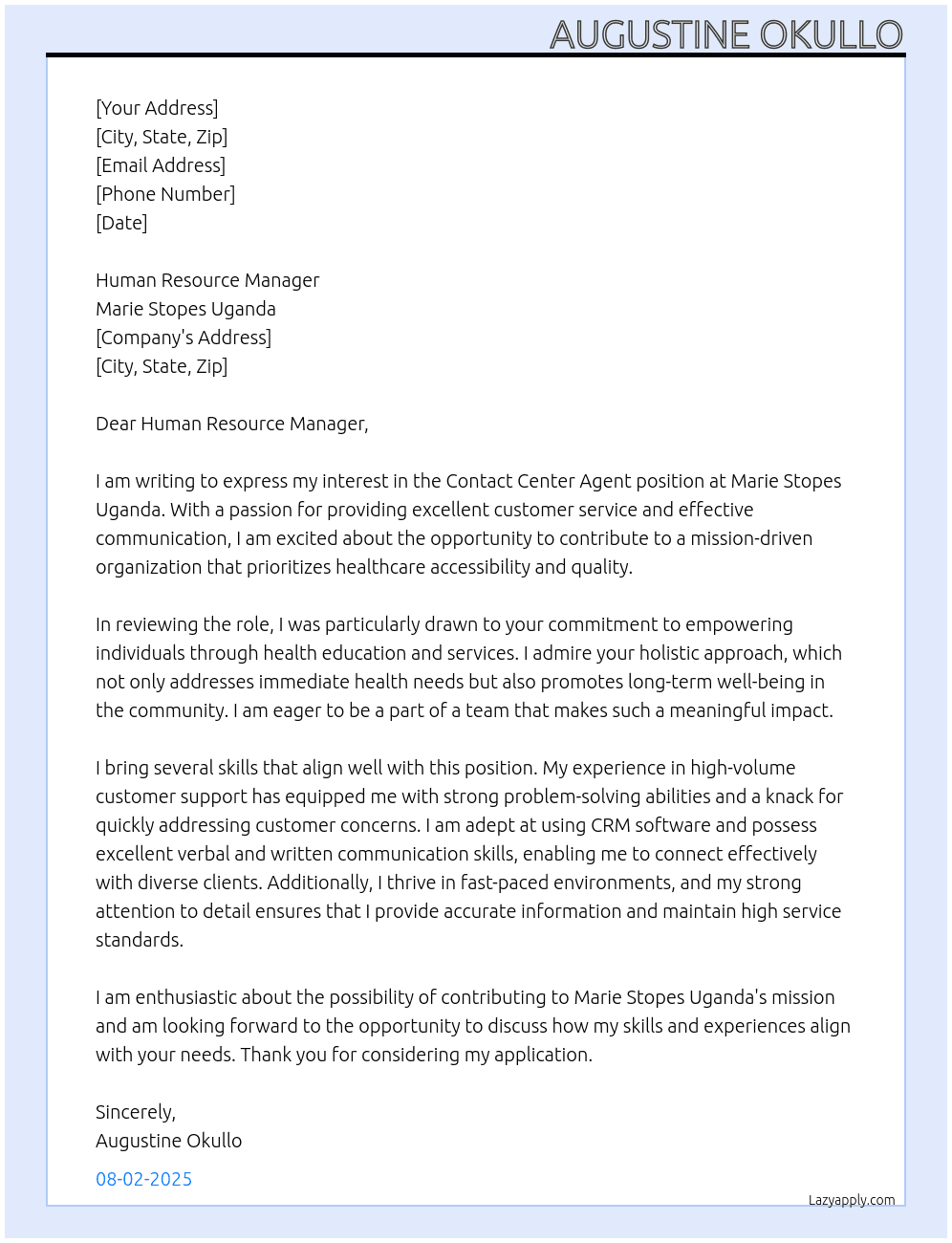 Cover letter for contact center agent - LazyApply