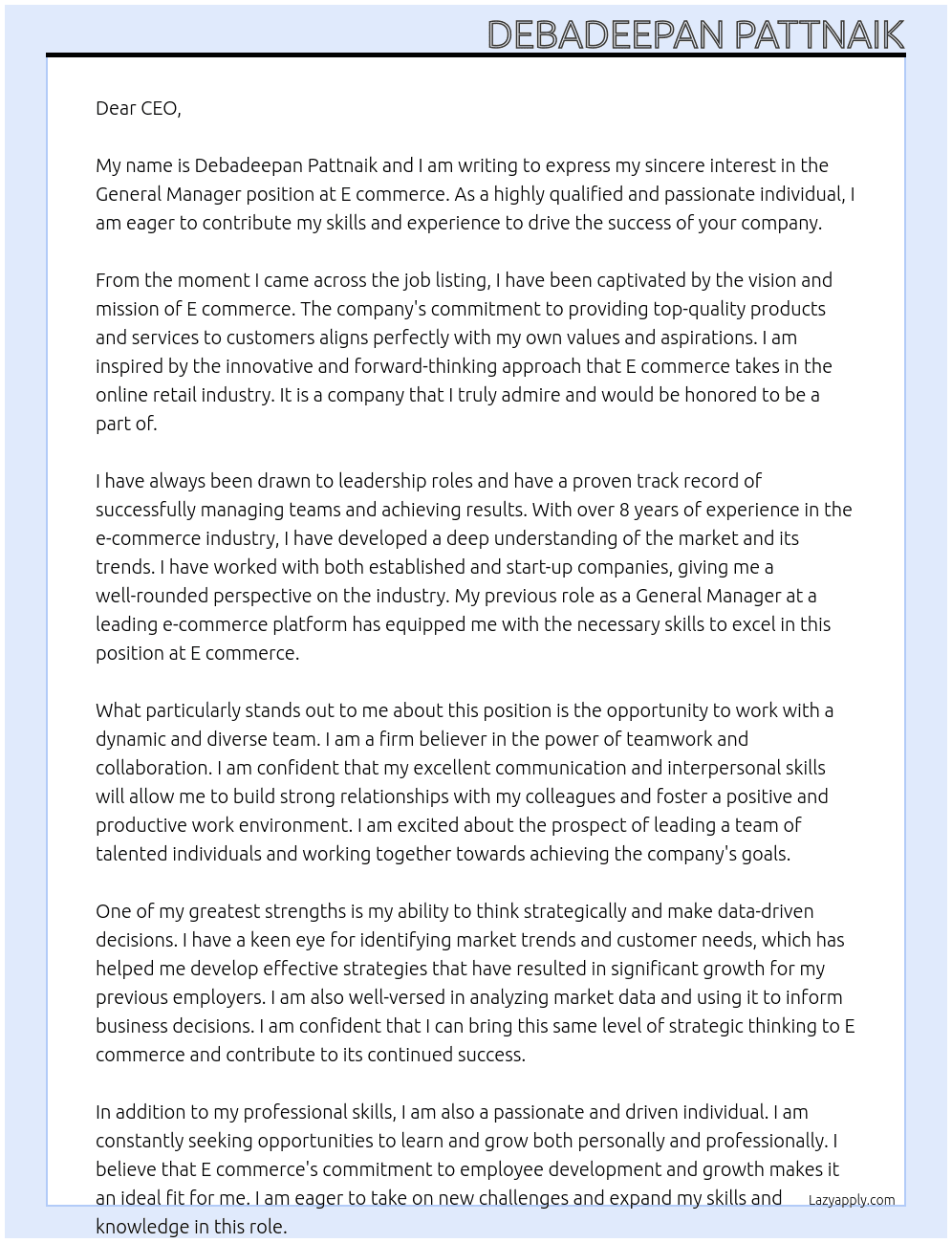 General manager  At E commerce  Cover Letter