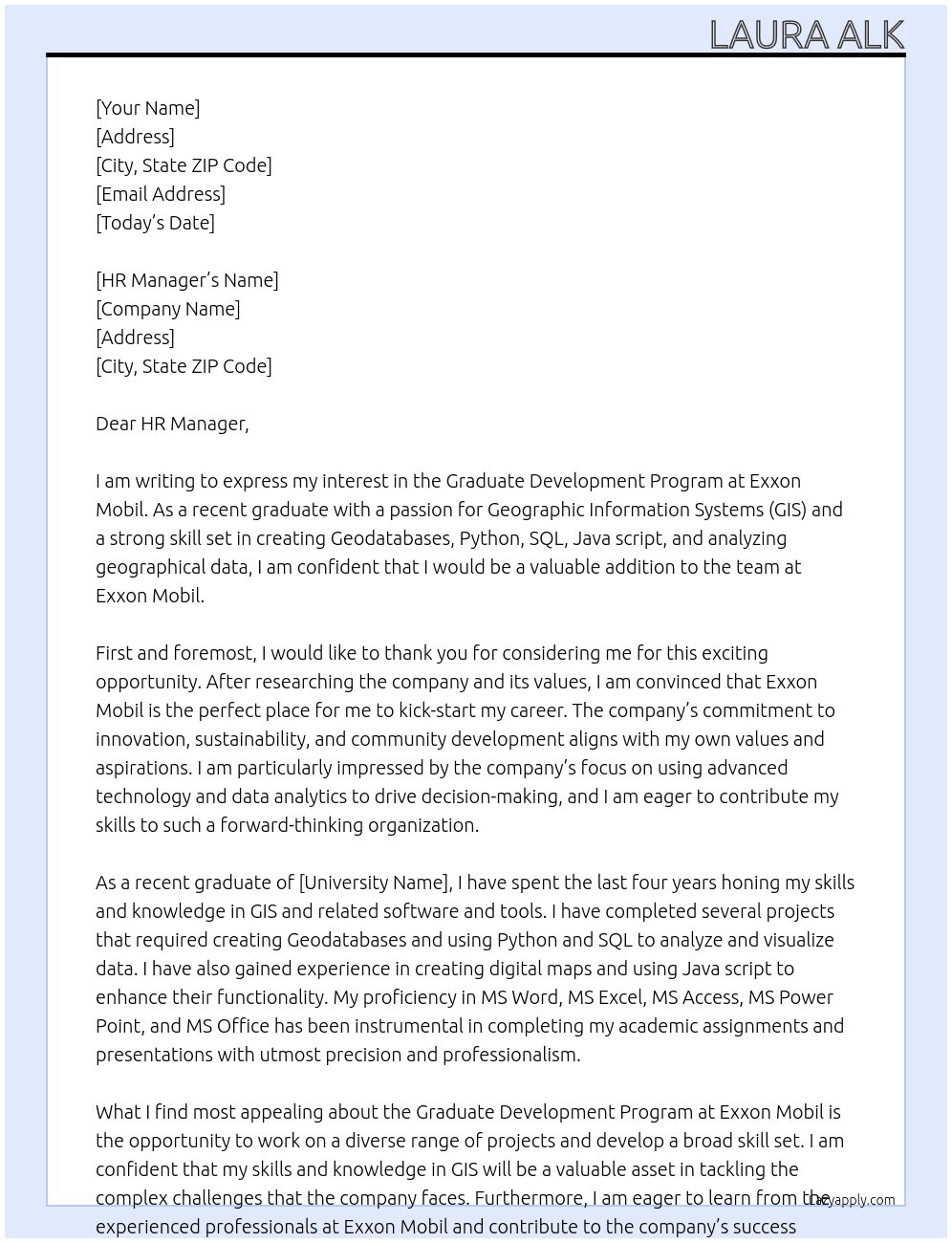Graduate Development Program At Exxon Mobil Cover Letter