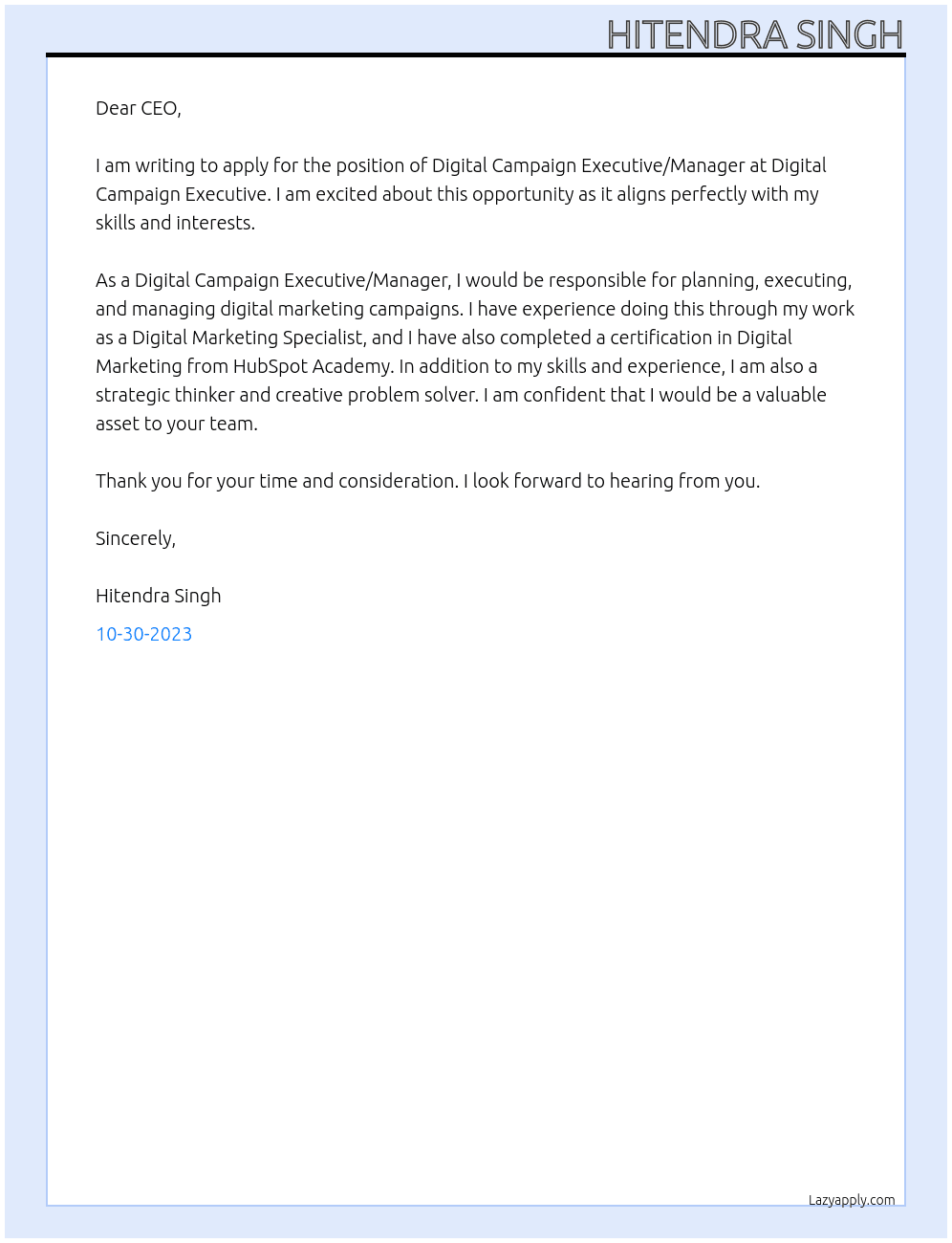 Digital Campaign Executive/Manager At Digital Campaign Executive Cover Letter