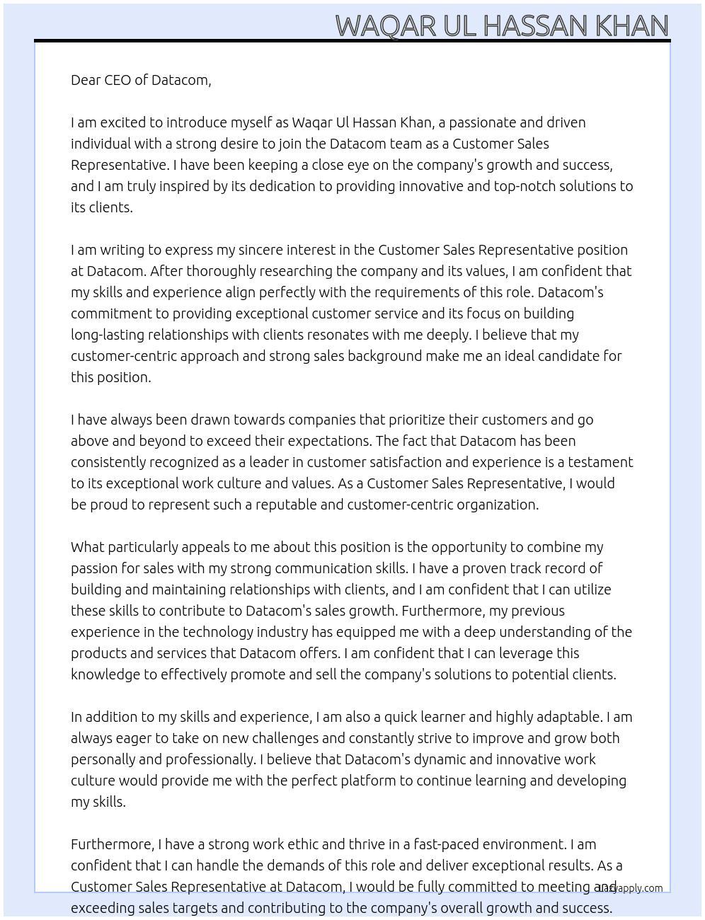Customer Sales Representative At Datacom Cover Letter