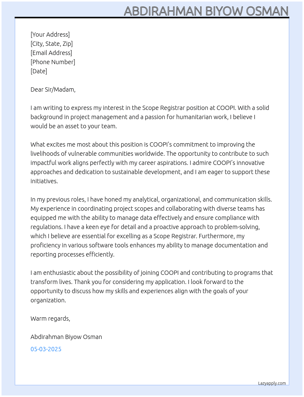 Scope Registar At coopi Cover Letter