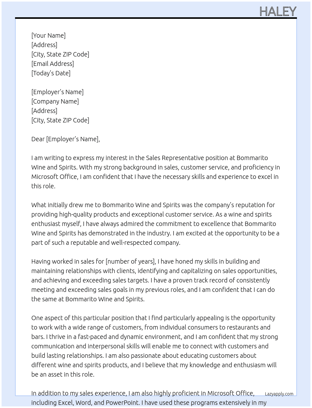 Sales Representative  At Bommarito Wine and Spirits  Cover Letter