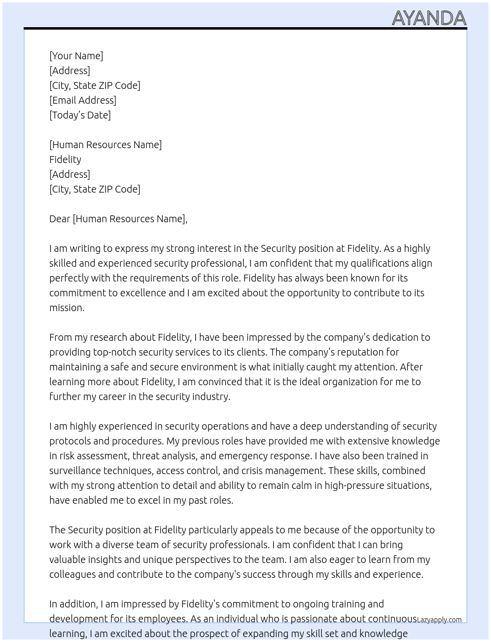 Security  At Fidelity  Cover Letter