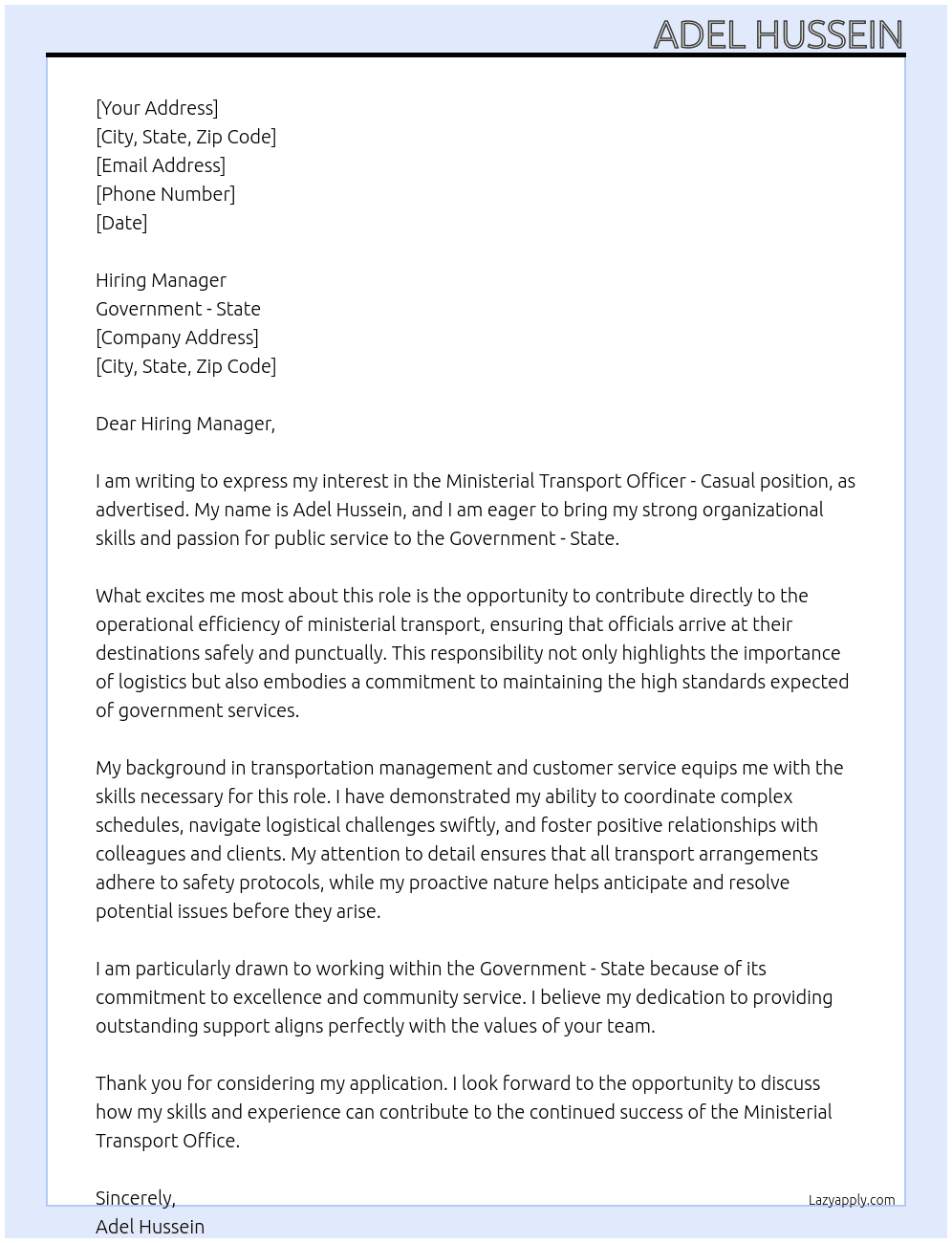 Ministerial Transport Officer - Casual At Government - State Cover Letter