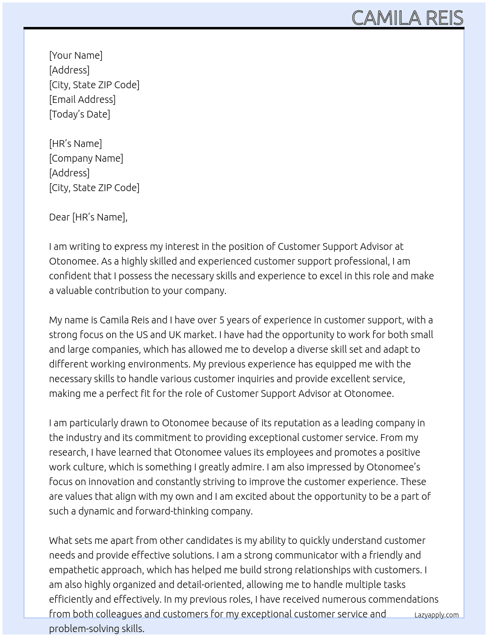 Customer Support Advisor At Otonomee Cover Letter