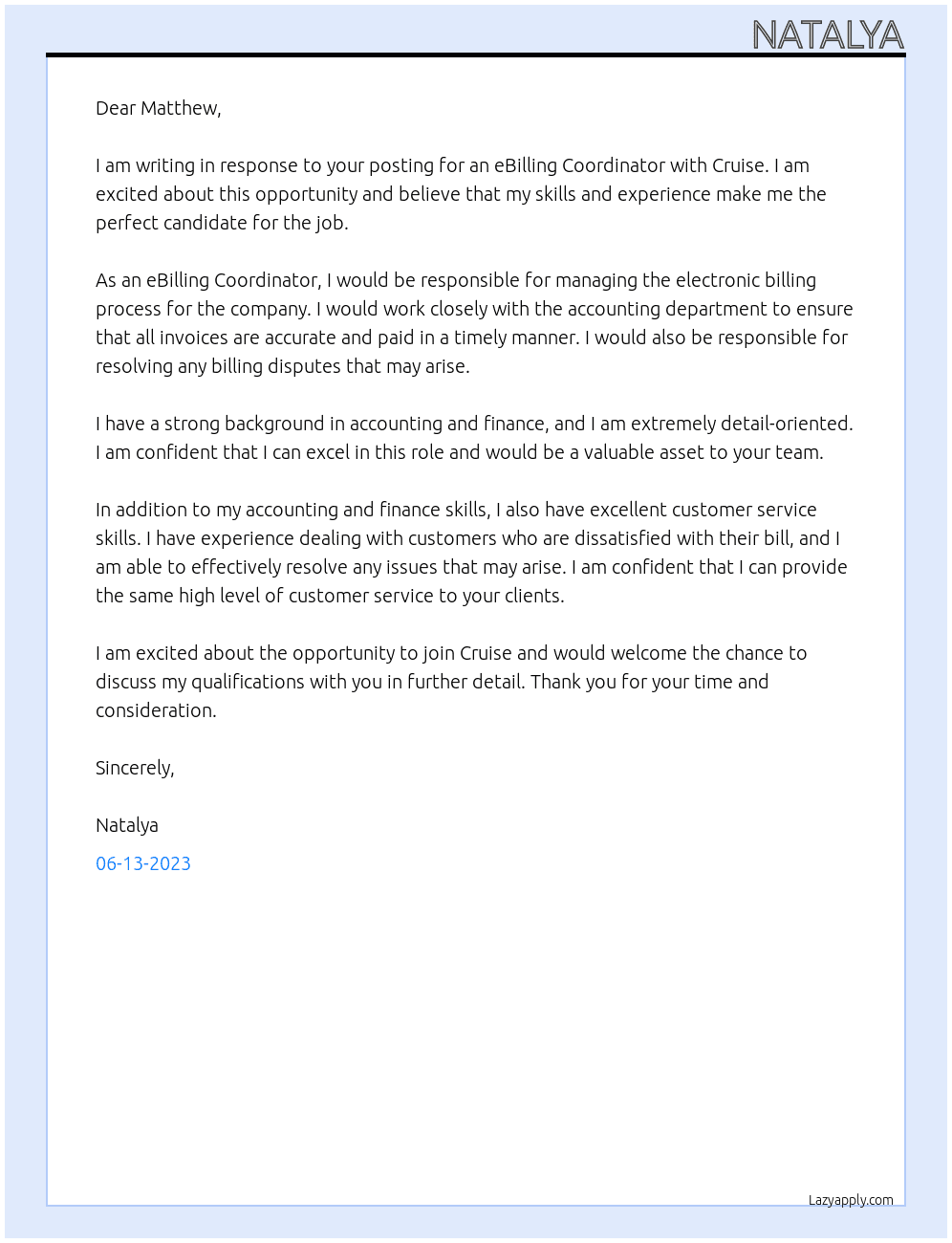 eBilling Coordinator At Cruise Cover Letter