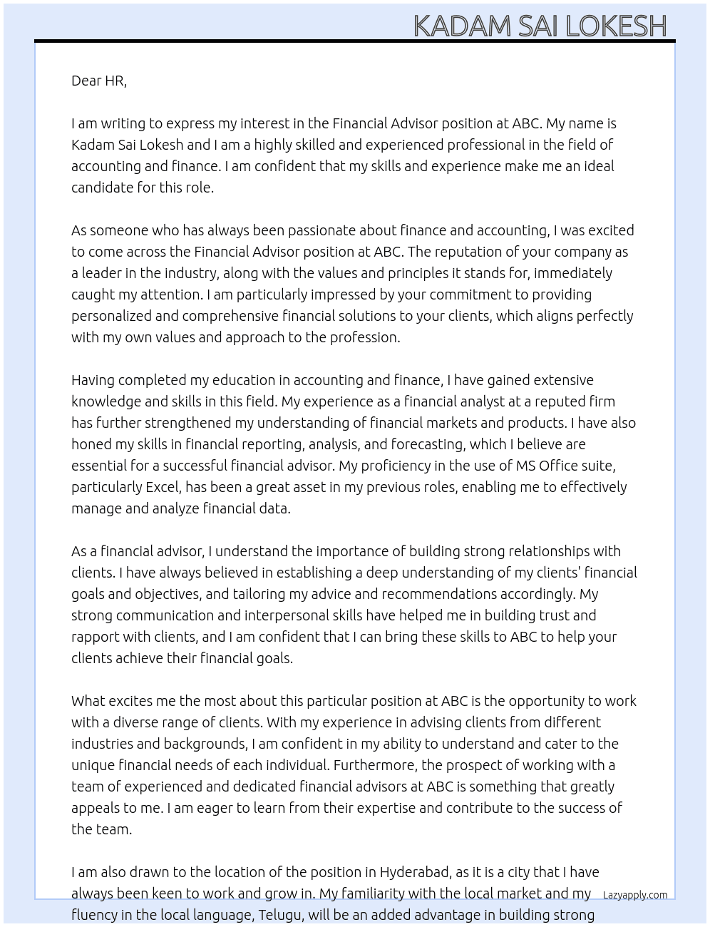 Financial advisor  At Abc Cover Letter