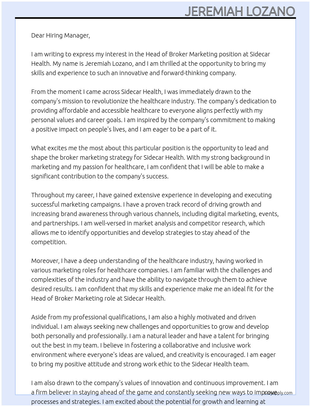 Head of Broker Marketing At Sidecar Health Cover Letter