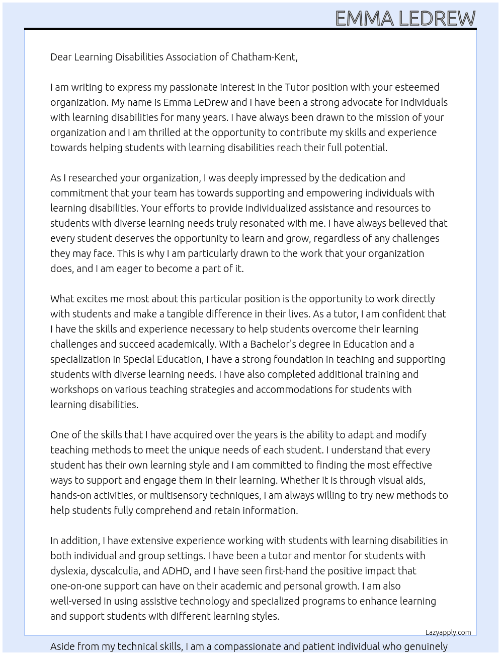 Tutor At Learning Disabilities Association of Chatham-Kent Cover Letter
