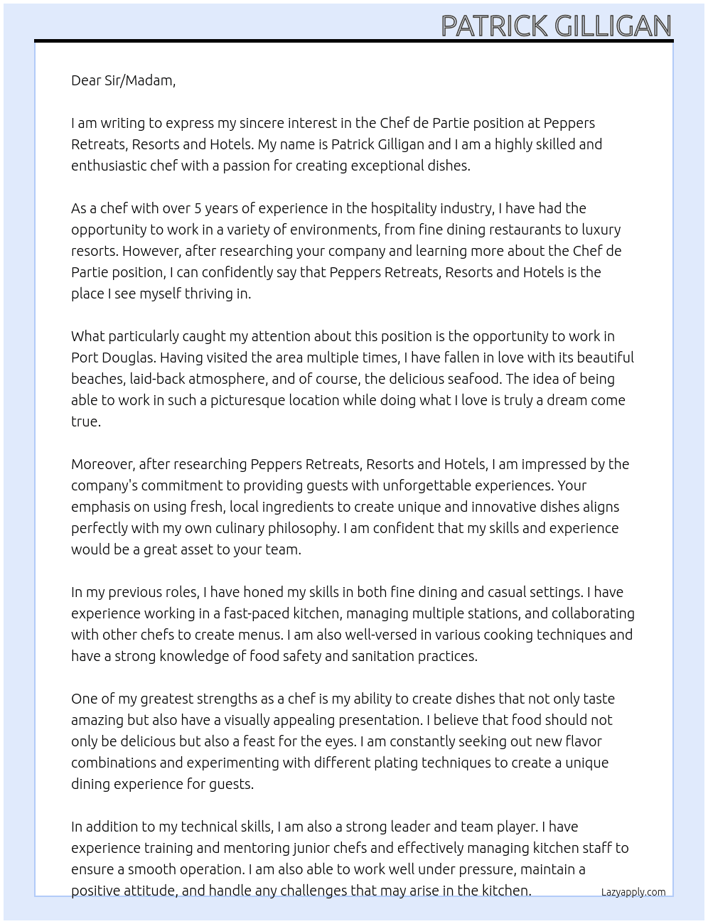 Chef de Partie At Peppers Retreats, Resorts and Hotels Cover Letter