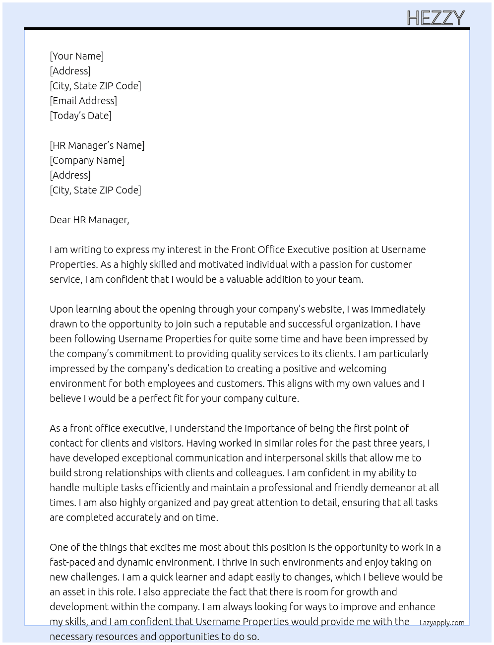 front office executive At USERNAME PROPERTIES Cover Letter