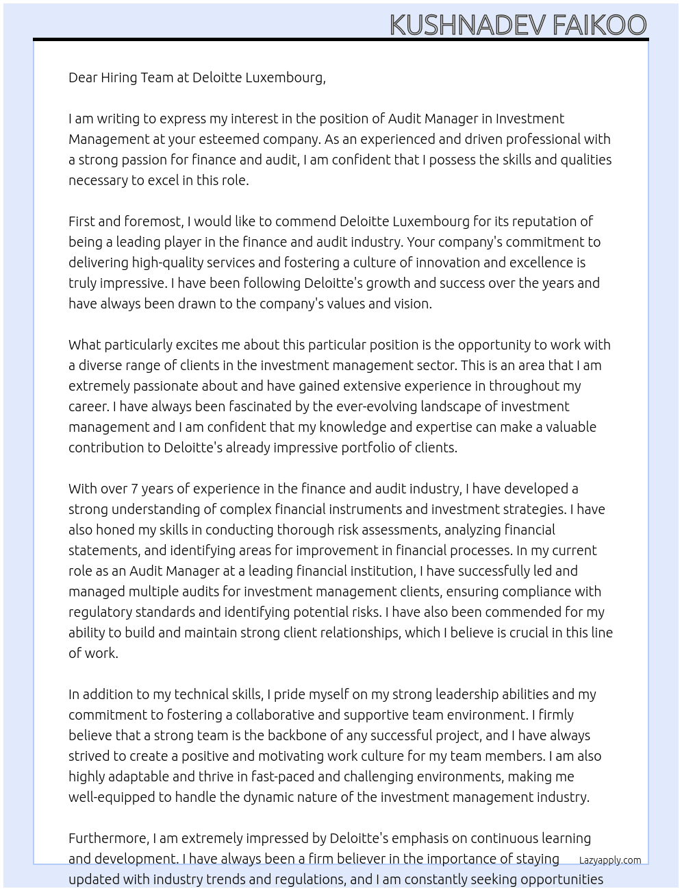 Audit Manager in Investment Management At Deloitte Luxembourg Cover Letter